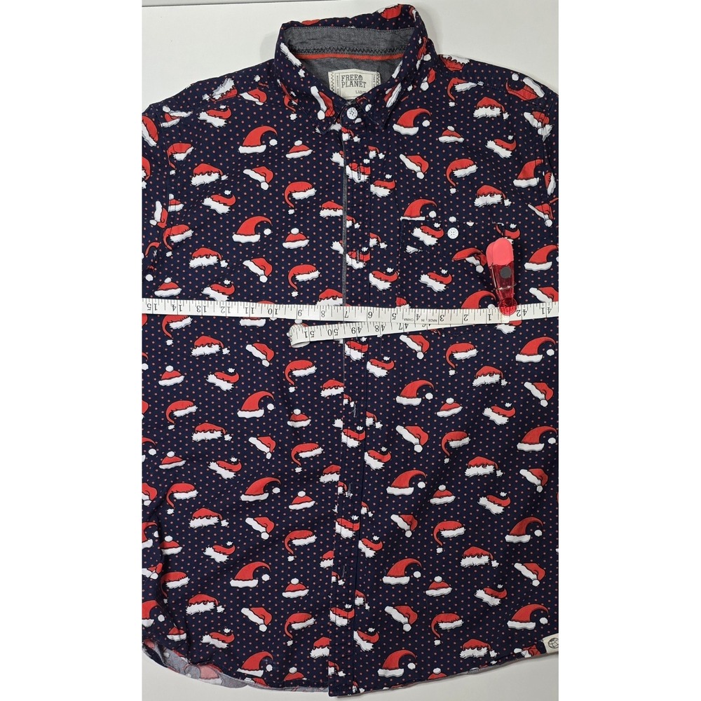 Free Planet Men's Christmas Shirt Large‎ Navy Santa Hat Button Down 100% Cotton - Picture 4 of 11